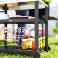 Outsunny 3-Shelf Outdoor Grill Dining Cart Pizza Oven Stand with Stainless Steel Top, Movable BBQ Food Prep Table Outdoor Kitchen Island with Hooks Wheels Handle, Charcoal Grey(m-7)