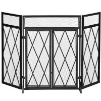 HOMCOM 3-Panel Folding Fireplace Screen for Wood Burning with Double Doors, Home Heavy Duty Steel Fire Spark Guard, 47.25" W x 31" H, Black(m-1)