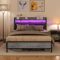 HOMCOM Queen Size Bed Frame with Storage Upholstered Headboard, Queen Bed Frame with LED Lights, Charging Station, Cement Gray(m-8)