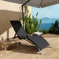 Outsunny Patio Lounge Chair, Aluminum Reclining Outdoor Tanning Chair with 5-Level Adjustable Backrest, Head Pillow and Breathable Mesh Fabric, for Pool, Deck, Garden, Black(m-7)