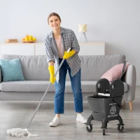 HOMCOM Mop Bucket with Wringer on Wheels for Floor Cleaning, 27.5 Quart Down Press Wringer with Handle and Mop, Black(m-2)