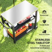 Outsunny 3-Shelf Outdoor Grill Dining Cart Pizza Oven Stand with Stainless Steel Top, Movable BBQ Food Prep Table Outdoor Kitchen Island with Hooks Wheels Handle, Charcoal Grey(m-4)