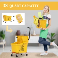 HOMCOM Mop Bucket with Wringer on Wheels for Floor Cleaning, 38 Quart Down Press Wringer with Handle, Yellow(m-4)