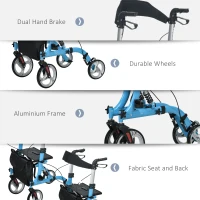 HOMCOM Rollator Walker with Seat and Backrest, Height Adjustable Aluminum Rolling Walker with 10'' Front Wheels, Storage Bag, Lightweight Mobility Walking Aid for Seniors, Adults, 300lb Capacity, Blue(m-6)