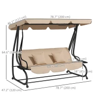 Outsunny 3-Seat Outdoor Patio Swing Chair, Converting Flat Bed, Canopy Swing with Adjustable Shade, Removable Cushions, Cup Holder, Light Brown(m-3)