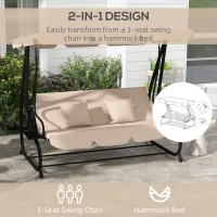 Outsunny 3-Seat Outdoor Patio Swing Chair, Converting Flat Bed, Canopy Swing with Adjustable Shade, Removable Cushions, Cup Holder, Light Brown(m-4)