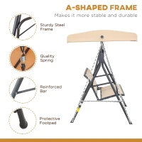 Outsunny 3-Seater Swing Chair Covered Garden Hammock A-Frame Outdoor Porch Glider Sling Seat with Adjustable Canopy Cover, Beige(m-4)