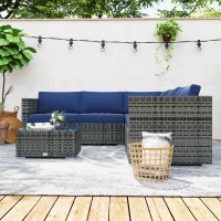 Outsunny 4 Pieces Rattan Wicker Outdoor Conversation Furniture Set w/ Corner Sofa Loveseats Coffee Table Cushions, Navy Blue(m-10)