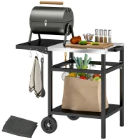Outsunny Outdoor Grill Dining Cart with Stainless Steel Top and Foldable Side Table, BBQ Movable Pizza Oven Stand Food Prep Table Trolley with Hooks Shelf Cover, Black(m-11)