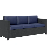 Outsunny Deluxe 3 Seat Rattan Wicker Sofa Garden Outdoor Patio Furniture with Cushion, Navy Blue(m-11)