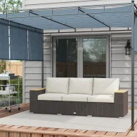Outsunny 3-Seat Outdoor Couch with Cushions, PE Rattan Patio Couch with Wood Grain Armrests, Outdoor Sofa for Porch, Sunroom, Garden, Poolside, Cream White(m-8)