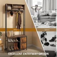 HOMCOM Hall Tree with Bench and Shoe Storage, 5-in-1 Entryway Bench with Coat Rack, 3 Storage Shelves, 2 Fabric Drawers, Brown(m-5)