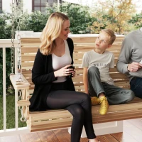 Outsunny 3-Seater Swing Bench, Wooden Porch Swing with Cupholders, Hanging Chains for Patio Garden, Nature Wood(m-8)