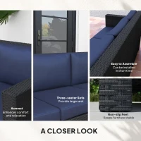 Outsunny Deluxe 3 Seat Rattan Wicker Sofa Garden Outdoor Patio Furniture with Cushion, Navy Blue(m-6)