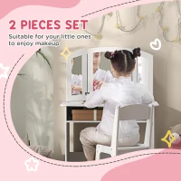 Qaba 2 in 1 Kids Vanity Set Makeup Dressing Table Pretend Play Set with Tri-Folding Mirror, Stool, Storage Shelf(m-4)
