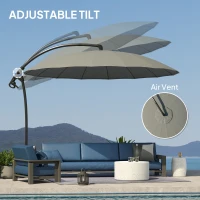 Outsunny 9FT Cantilever Umbrella with 16 Fibreglass Ribs, Offset Hanging Umbrella, Patio Umbrella with Crank and Cross Base, Grey(m-5)