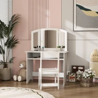 Qaba 2 in 1 Kids Vanity Set Makeup Dressing Table Pretend Play Set with Tri-Folding Mirror, Stool, Storage Shelf(m-8)