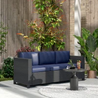 Outsunny Deluxe 3 Seat Rattan Wicker Sofa Garden Outdoor Patio Furniture with Cushion, Navy Blue(m-7)