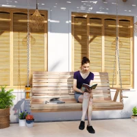 Outsunny 3-Seater Swing Bench, Wooden Porch Swing with Cupholders, Hanging Chains for Patio Garden, Nature Wood(m-10)