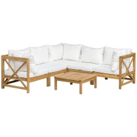 Outsunny 6-Piece Wooden Patio Sofa Sectional Set with 5 Sofas, 1 Coffee Table, 5 Cushions & 8 Pillows, Cream White(m-2)