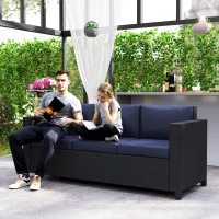 Outsunny Deluxe 3 Seat Rattan Wicker Sofa Garden Outdoor Patio Furniture with Cushion, Navy Blue(m-8)