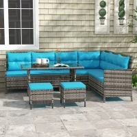 Outsunny 6pcs Outdoor Rattan Sofa Set Garden Wicker Sectional Couch Furniture Set with Dining Table and Chair Sky Blue(m-1)