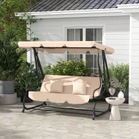 Outsunny 3-Seat Outdoor Patio Swing Chair, Converting Flat Bed, Canopy Swing with Adjustable Shade, Removable Cushions, Cup Holder, Light Brown(m-8)