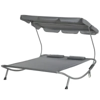 Outsunny Double Patio Lounger with Adjustable Canopy, Outdoor Daybed Hammock Lounger with Headrest Pillows, Two Moving Wheels for Poolside, Garden, Grey(m-11)