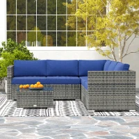 Outsunny 4 Pieces Rattan Wicker Outdoor Conversation Furniture Set w/ Corner Sofa Loveseats Coffee Table Cushions, Navy Blue(m-9)