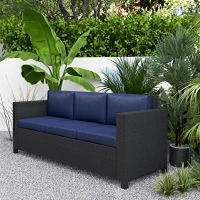 Outsunny Deluxe 3 Seat Rattan Wicker Sofa Garden Outdoor Patio Furniture with Cushion, Navy Blue(m-10)