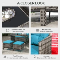 Outsunny 6pcs Outdoor Rattan Sofa Set Garden Wicker Sectional Couch Furniture Set with Dining Table and Chair Sky Blue(m-6)