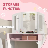 Qaba 2 in 1 Kids Vanity Set Makeup Dressing Table Pretend Play Set with Tri-Folding Mirror, Stool, Storage Shelf(m-6)