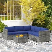 Outsunny 4 Pieces Rattan Wicker Outdoor Conversation Furniture Set w/ Corner Sofa Loveseats Coffee Table Cushions, Navy Blue