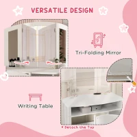 Qaba 2 in 1 Kids Vanity Set Makeup Dressing Table Pretend Play Set with Tri-Folding Mirror, Stool, Storage Shelf(m-5)