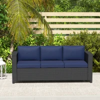 Outsunny Deluxe 3 Seat Rattan Wicker Sofa Garden Outdoor Patio Furniture with Cushion, Navy Blue(m-9)