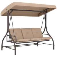 Outsunny Convertible Patio Swing Bed with Canopy and Cushions, 3 Seater Porch Swing for Outdoor, Backyard, Garden, Khaki(m-11)