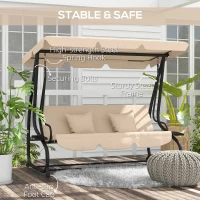 Outsunny 3-Seat Outdoor Patio Swing Chair, Converting Flat Bed, Canopy Swing with Adjustable Shade, Removable Cushions, Cup Holder, Light Brown(m-6)