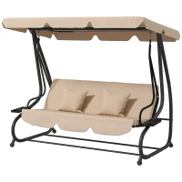 Outsunny 3-Seat Outdoor Patio Swing Chair, Converting Flat Bed, Canopy Swing with Adjustable Shade, Removable Cushions, Cup Holder, Light Brown(m-2)