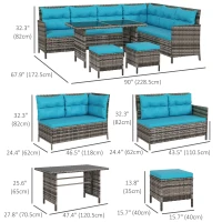 Outsunny 6pcs Outdoor Rattan Sofa Set Garden Wicker Sectional Couch Furniture Set with Dining Table and Chair Sky Blue(m-3)