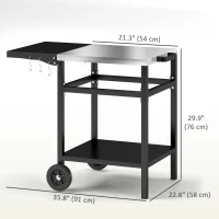 Outsunny Outdoor Grill Dining Cart with Stainless Steel Top and Foldable Side Table, BBQ Movable Pizza Oven Stand Food Prep Table Trolley with Hooks Shelf Cover, Black(m-3)
