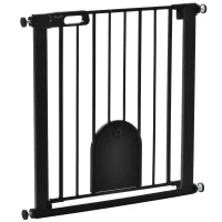 PawHut 30"-32" Extra Wide Pet Gate Barrier with Small Door, 30"H Dog Gate with Safety Gate Barrier, Stair Pressure Fit, Black(m-11)