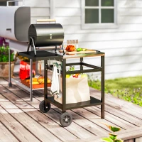 Outsunny Outdoor Grill Dining Cart with Stainless Steel Top and Foldable Side Table, BBQ Movable Pizza Oven Stand Food Prep Table Trolley with Hooks Shelf Cover, Black(m-9)