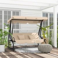 Outsunny 3-Seat Outdoor Patio Swing Chair, Converting Flat Bed, Canopy Swing with Adjustable Shade, Removable Cushions, Cup Holder, Light Brown(m-1)