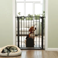 PawHut 30"-32" Extra Wide Pet Gate Barrier with Small Door, 35"H Dog Gate with Safety Gate Barrier, Stair Pressure Fit, Black(m-8)