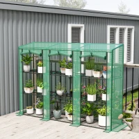 Outsunny Lean-to Greenhouse with 3 Tier Shelves, Mini Greenhouse with 3 Roll-Up Doors for Indoor Outdoor, Green(m-1)