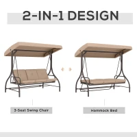 Outsunny Convertible Patio Swing Bed with Canopy and Cushions, 3 Seater Porch Swing for Outdoor, Backyard, Garden, Khaki(m-4)