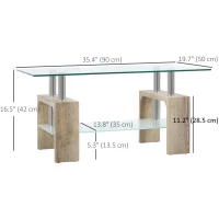 HOMCOM Rectangle Glass Coffee Table, 2-Tier Center Table with Tempered Glass Top and Storage Shelf for Living Room, Natural(m-3)