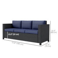 Outsunny Deluxe 3 Seat Rattan Wicker Sofa Garden Outdoor Patio Furniture with Cushion, Navy Blue(m-3)