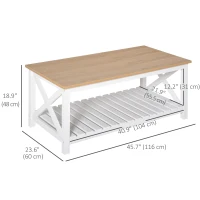 HOMCOM Farmhouse Coffee Table with Slatted Bottom Shelf, Center Table with X Bar Frame for Living Room, White, Natural(m-3)