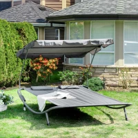 Outsunny Double Patio Lounger with Adjustable Canopy, Outdoor Daybed Hammock Lounger with Headrest Pillows, Two Moving Wheels for Poolside, Garden, Grey(m-8)
